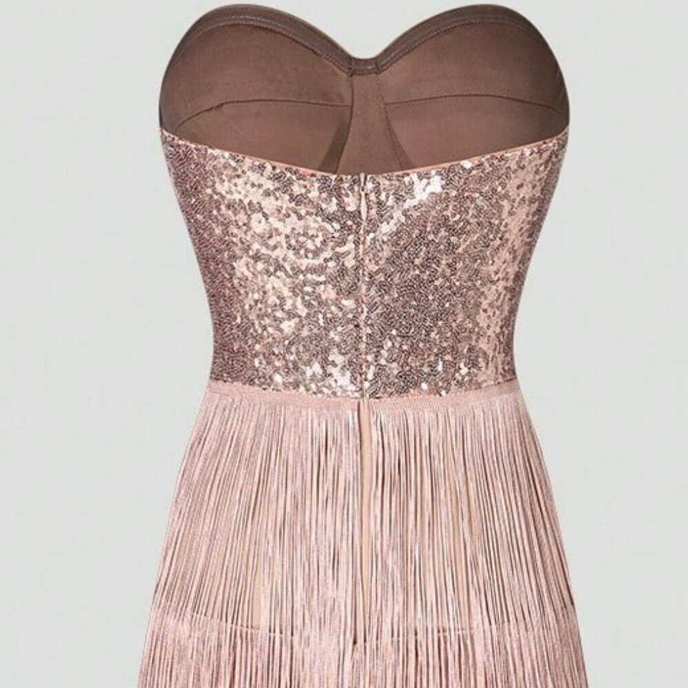 Elegant Women's Sequin Strapless Gown With Multi-Layer Fringed Skirt - Picture 8 of 10